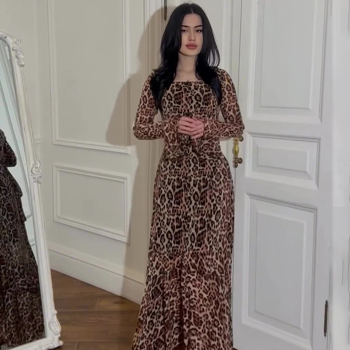 Spring Chiffon Leopard Print Ruffle Sleeve Temperament Long Dresses