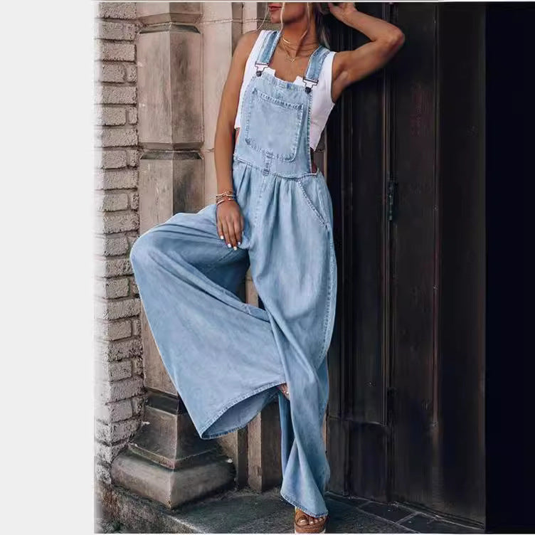 Women's Summer Loose Side Pocket Sleeveless Denim Jeans