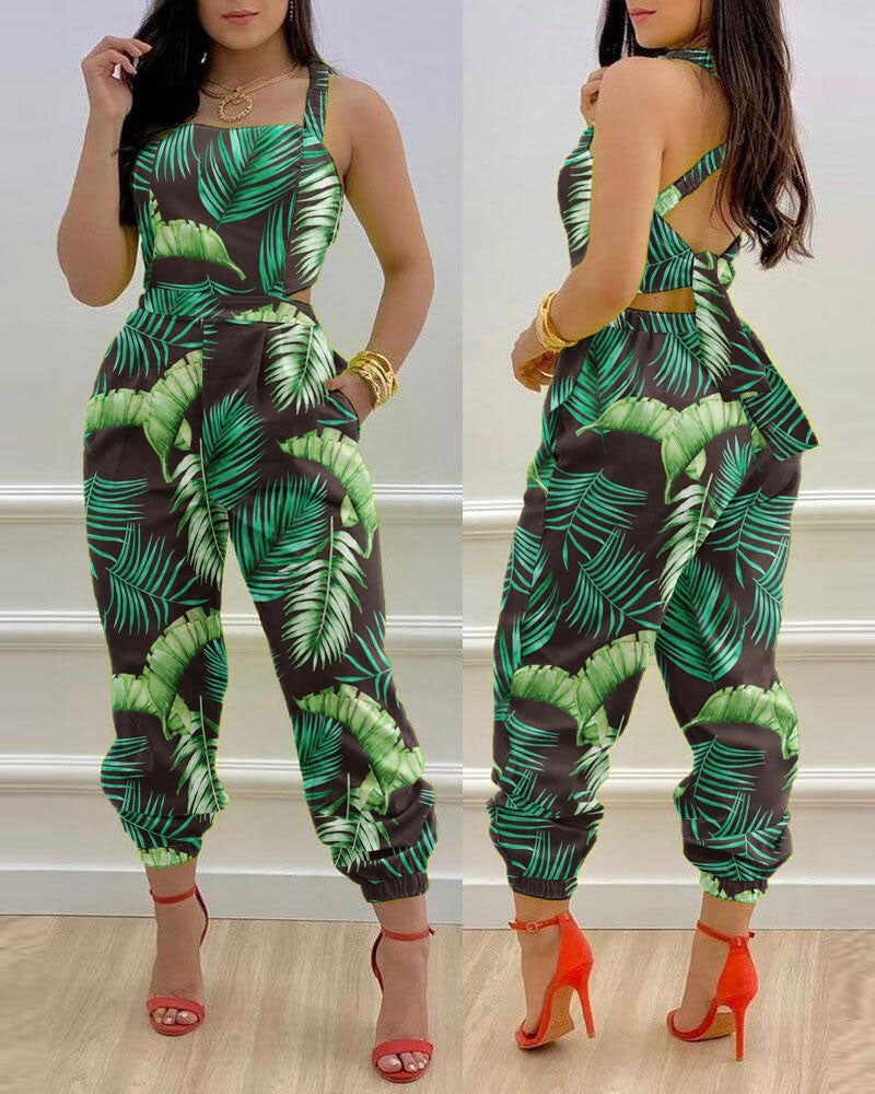 Women's Sling Backless Bow Printed High Waist Jumpsuits