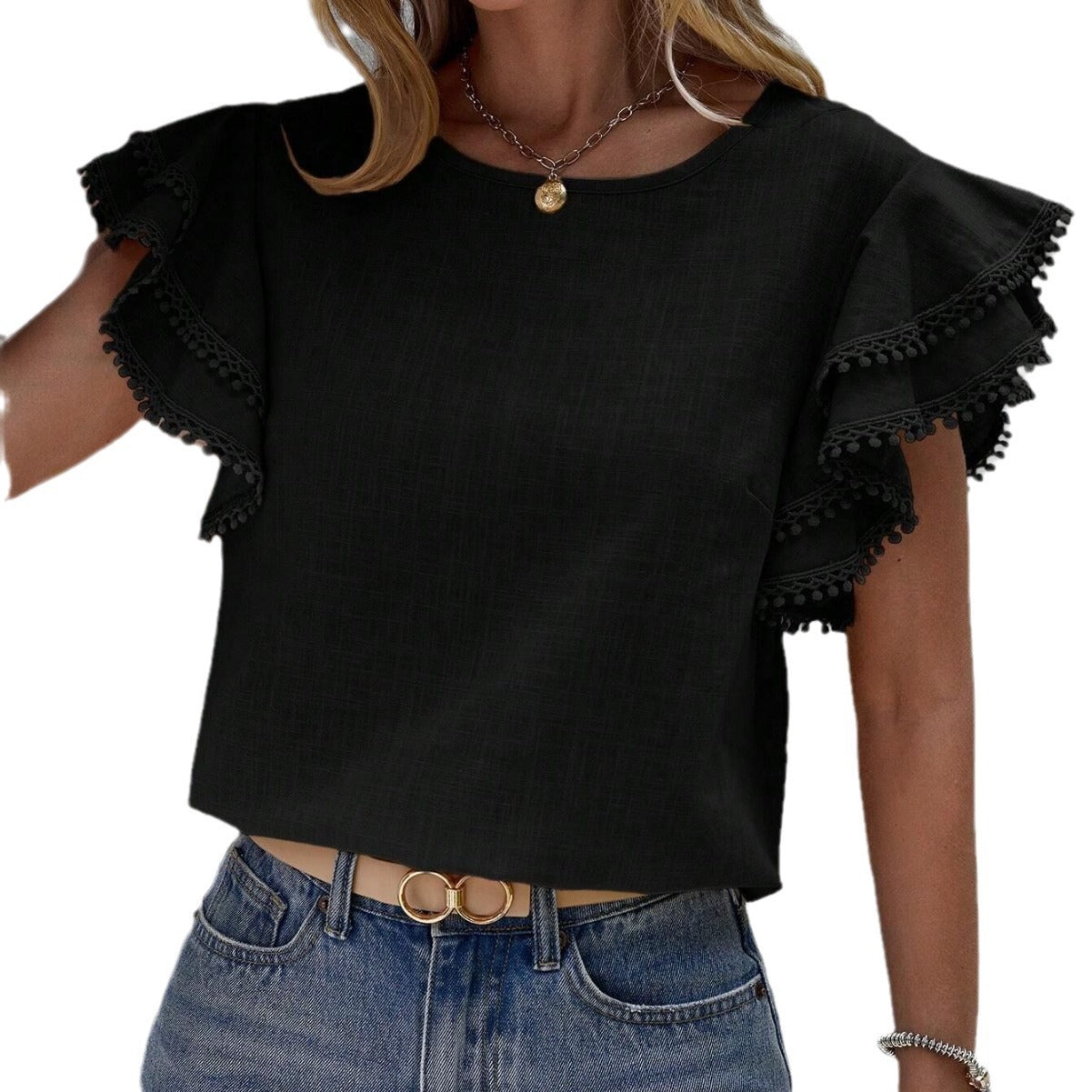 Women's Neck Summer Loose Shirt Lotus Leaf Batwing Tops