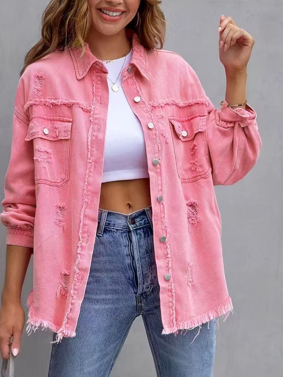Women's Solid Color Single-breasted Washed Casual Denim Blouses