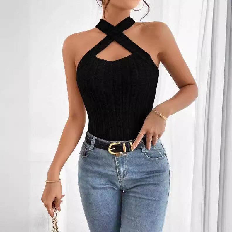 Halter Sleeveless Brushed Sunken Stripe Knitted Tops