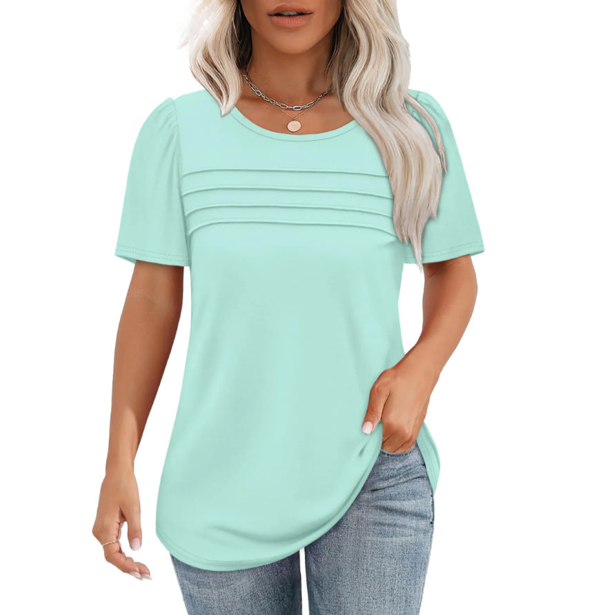 Women's Summer Round Neck Sleeve Chest Tuck Line Blouses