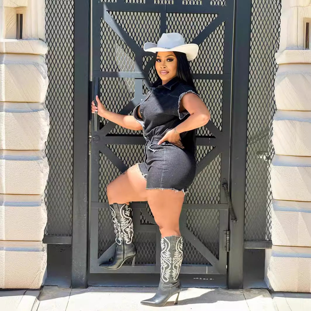 Women's Sexy Sleeve Stretch Denim One-piece Summer Jumpsuits