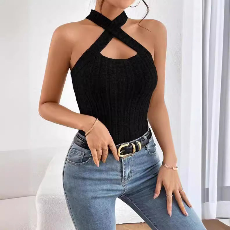 Halter Sleeveless Brushed Sunken Stripe Knitted Tops