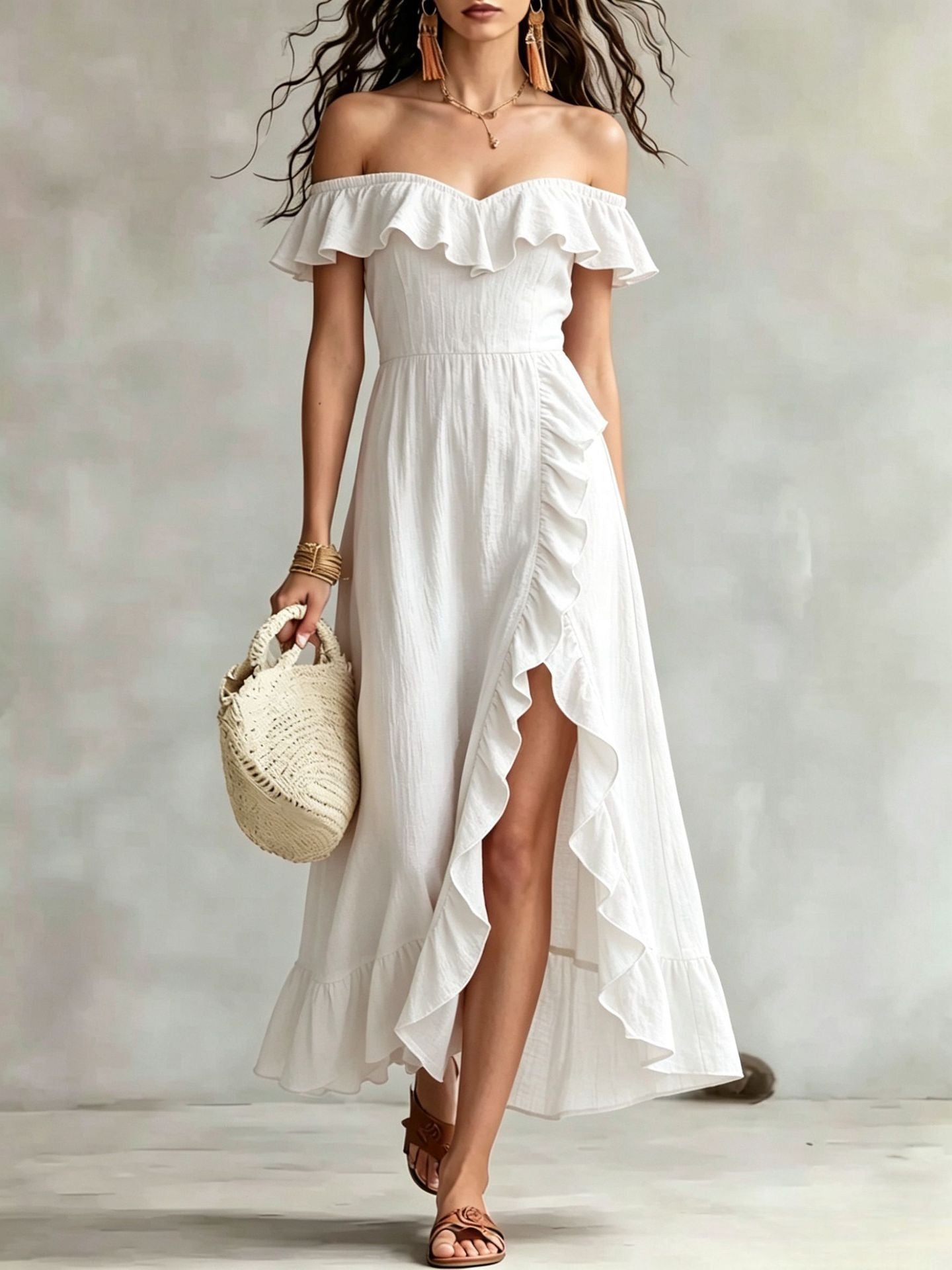 Women's Summer Collar Sleeveless Pink Ruffled Split Dress