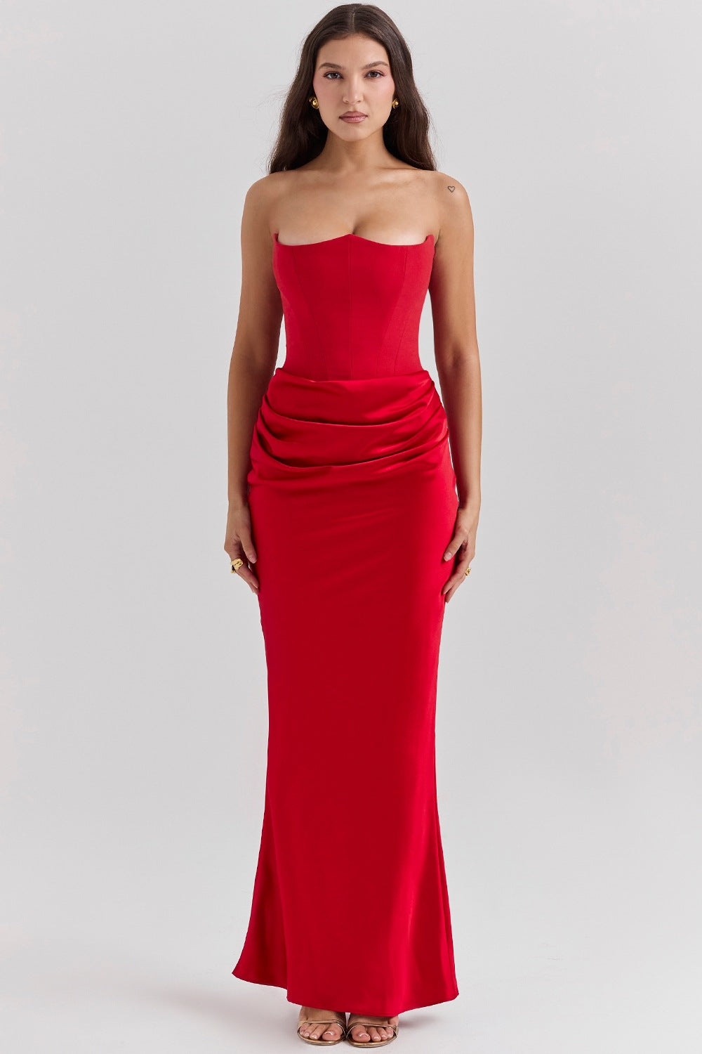 Women's Red Tube Fishbone Sexy Slim Fishtail Dress Long Tops
