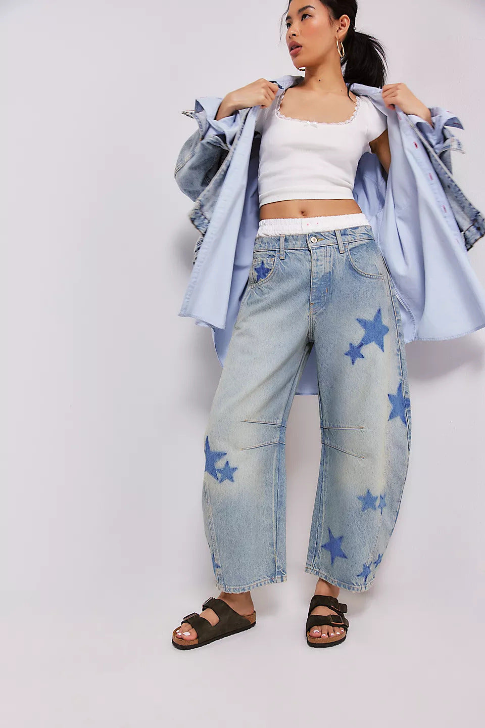Women's Spring Leisure Loose Mid Waist Cylindrical Jeans