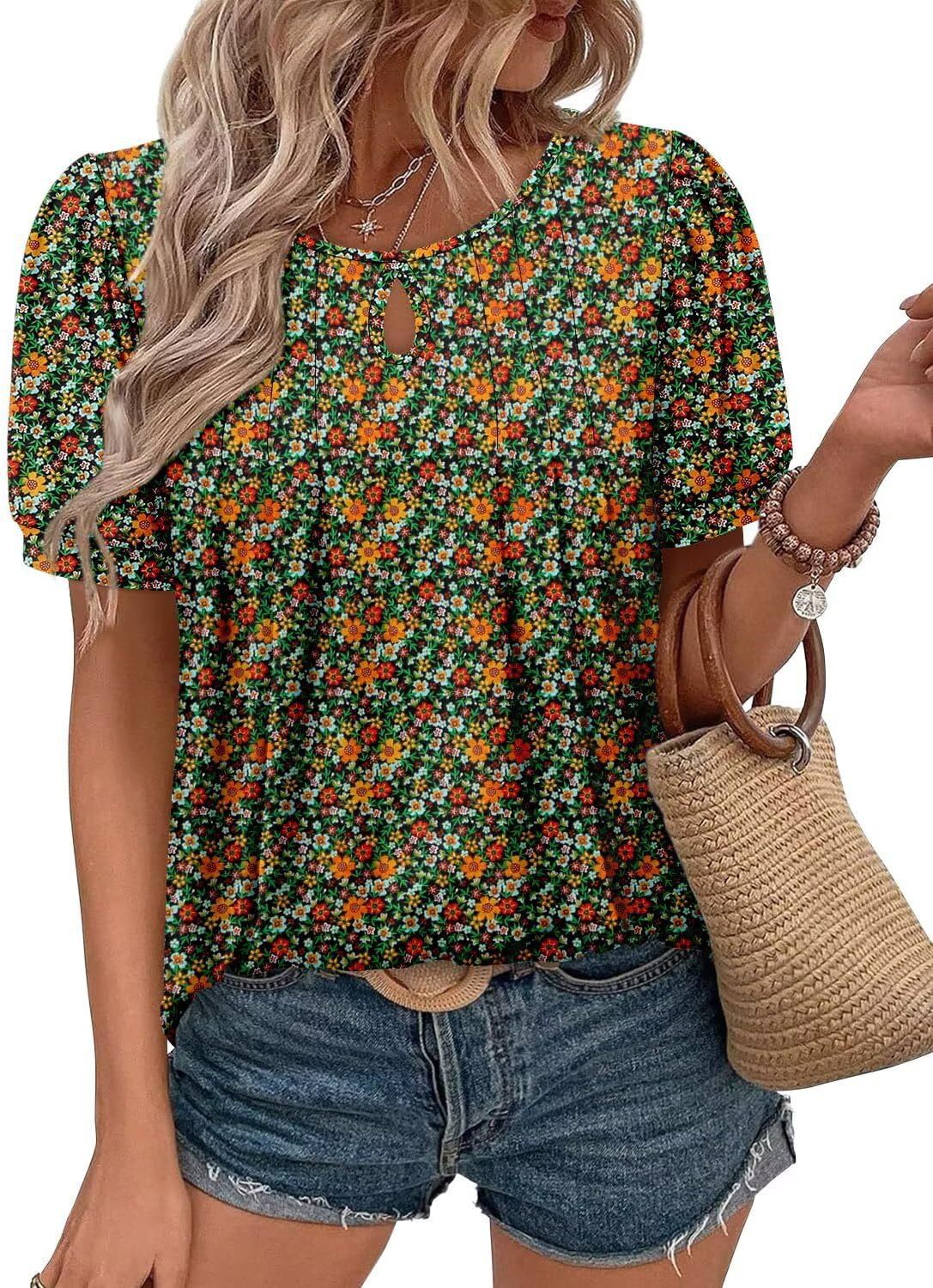 Women's Floral Print Round Neck Ripped Leisure Blouses