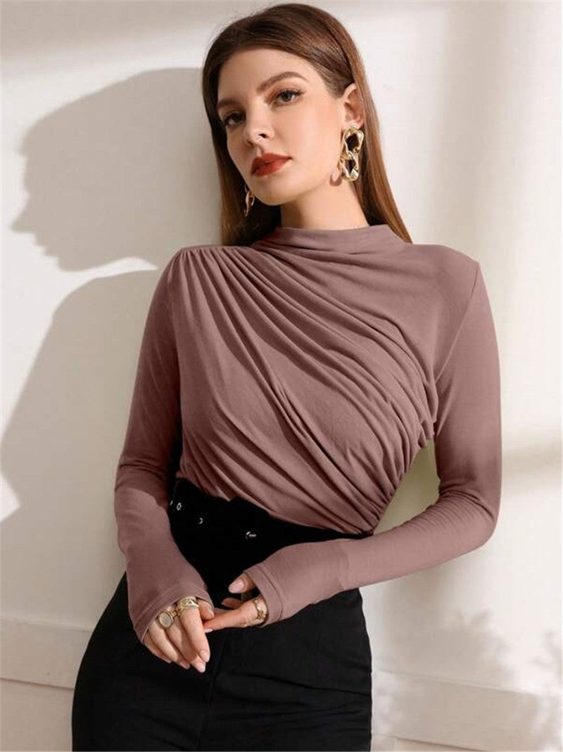 Small Turtleneck Design Pleating Versatile Long-sleeved Tops