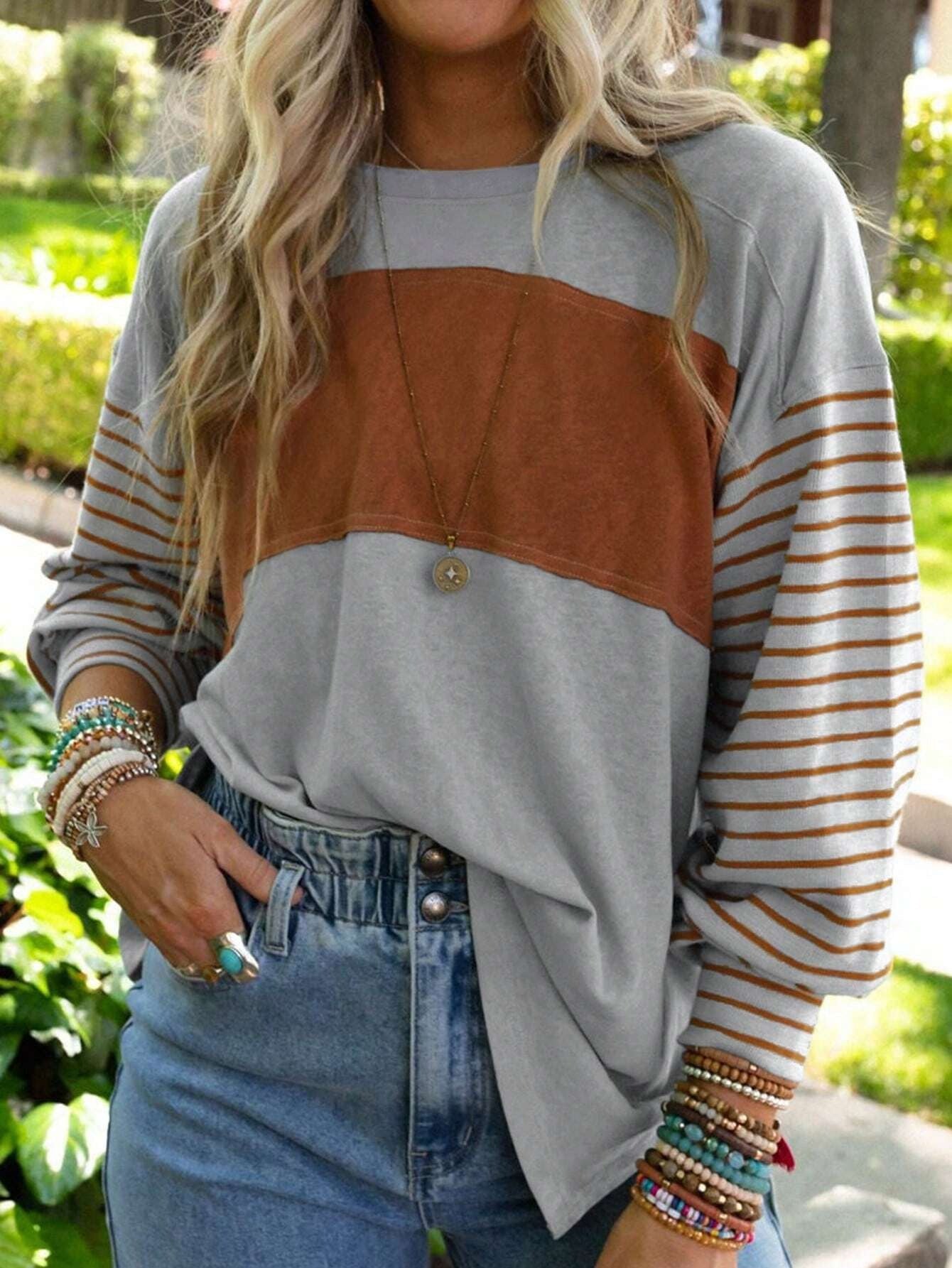 Women's Pullover Crew Neck Casual Striped Color Blouses