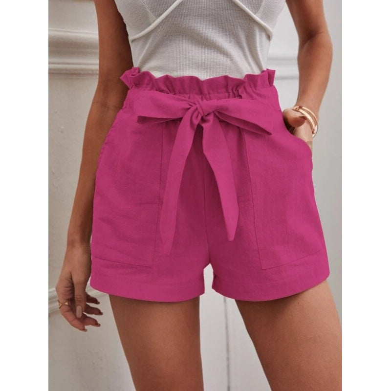 Women's Linen Leisure Pocket Solid Color Waist Shorts