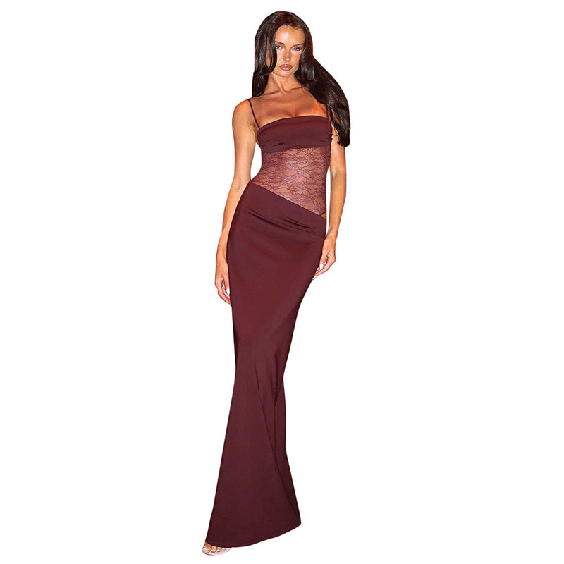 Women's Lace Splicing Sling Rope Midriff Outfit Dresses