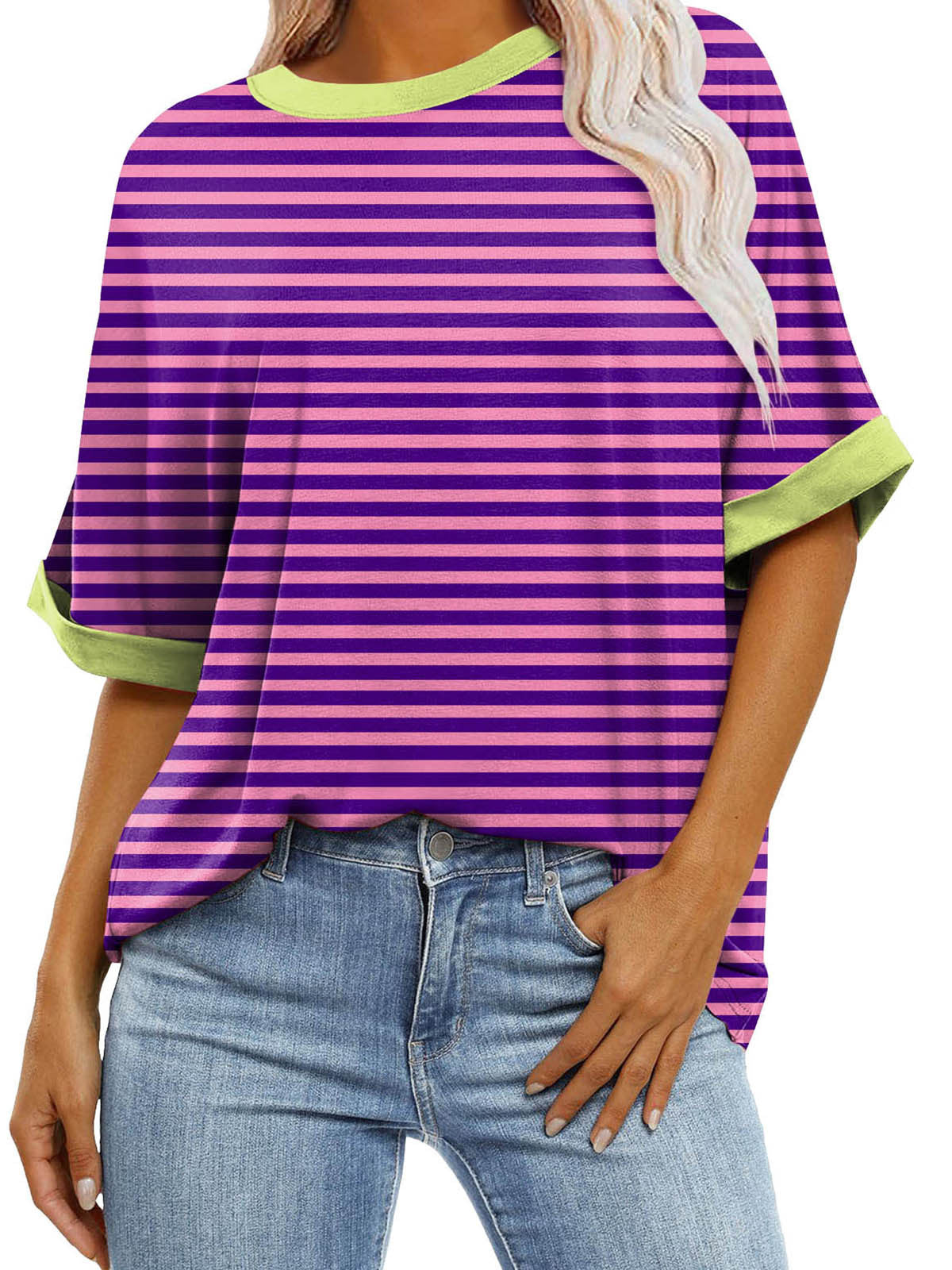 Women's Gradient Color Sleeve Casual Round Neck Blouses