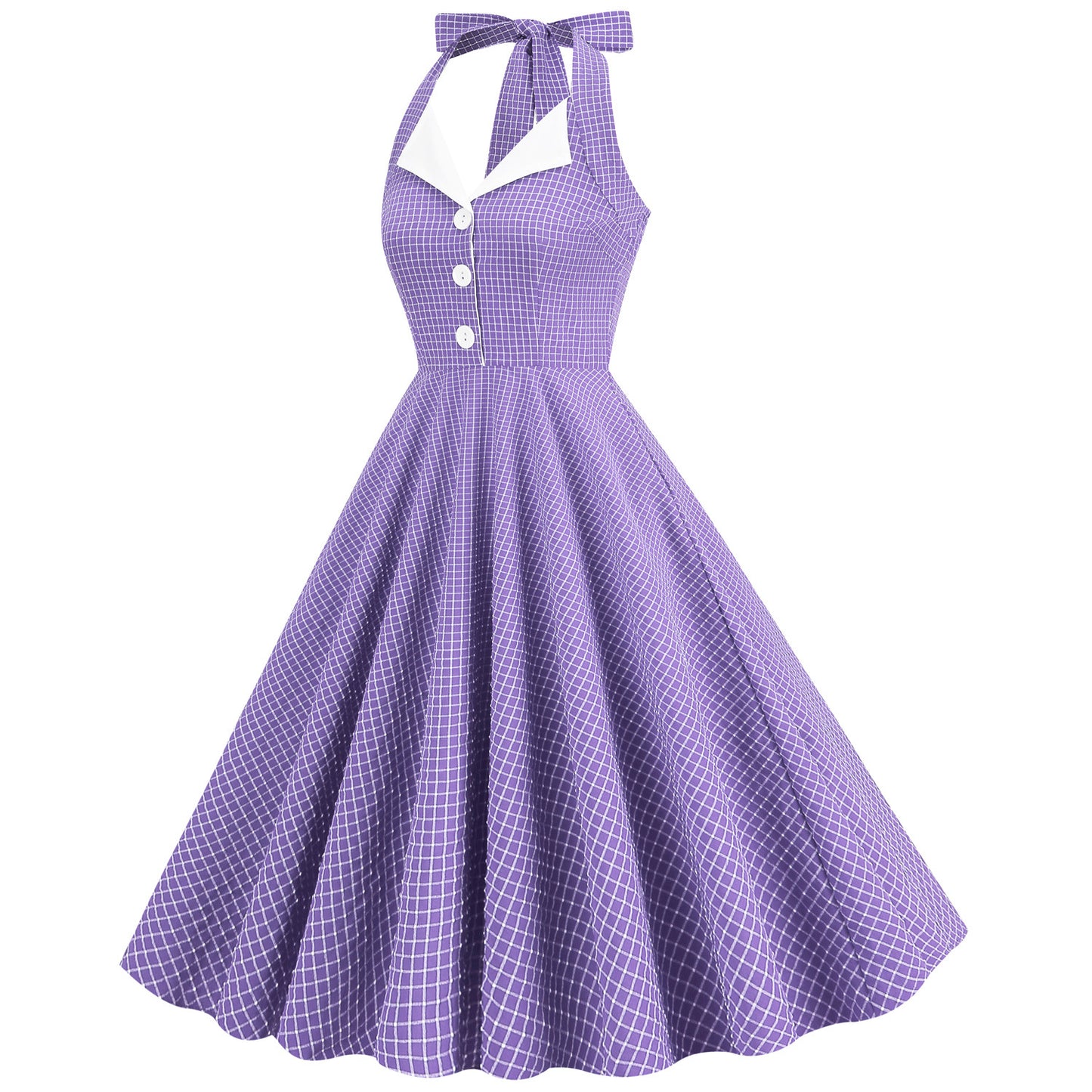 Navy Style Plaid Contrast Color Lapel Halter Large Dresses