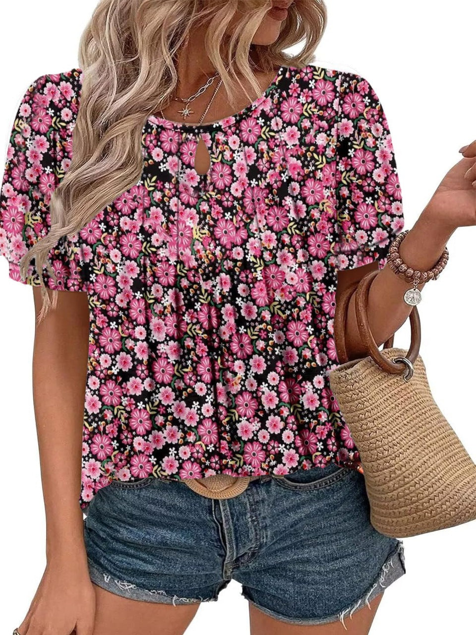 Women's Floral Print Round Neck Ripped Leisure Blouses