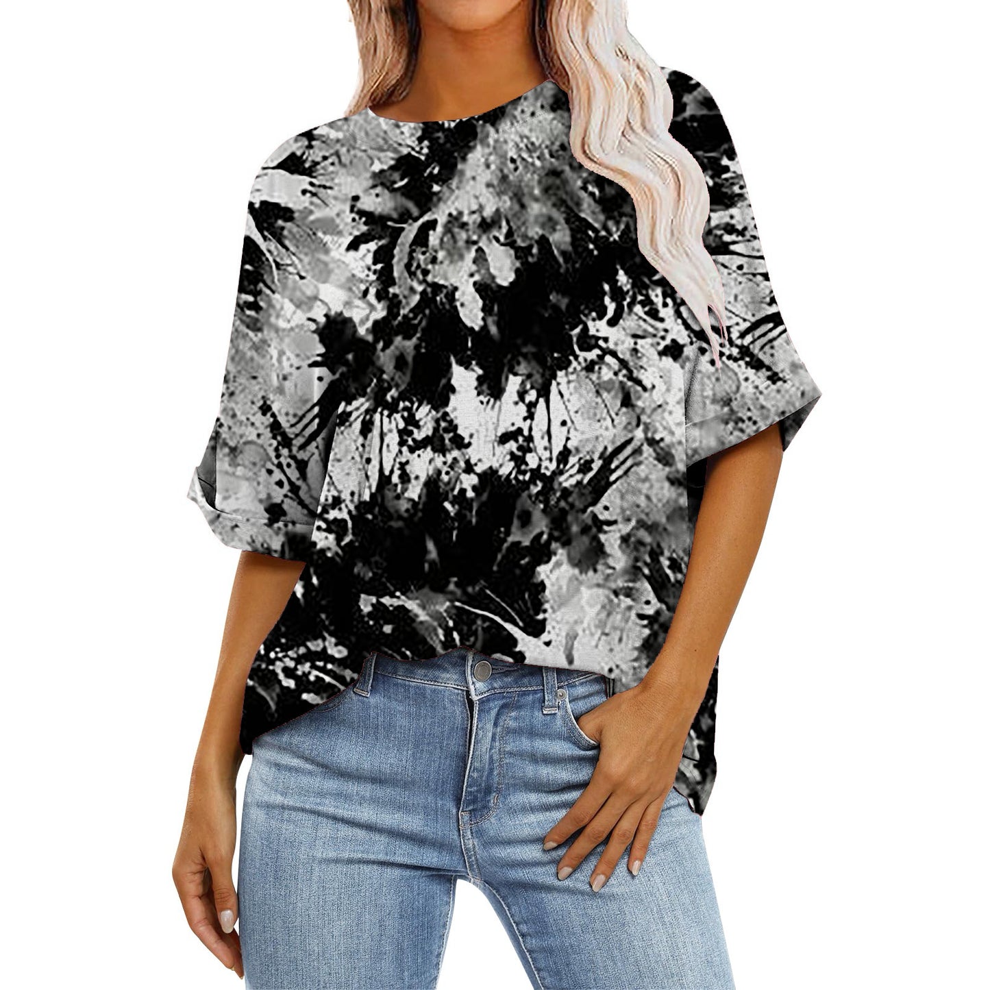 Women's Gradient Color Sleeve Casual Round Neck Blouses