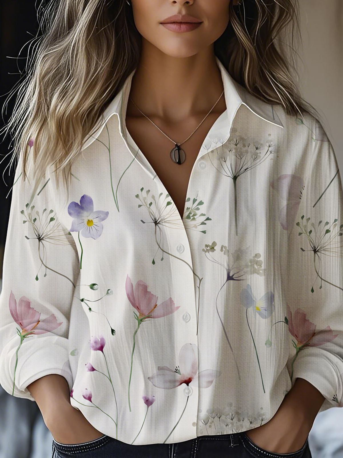 Printed Long-sleeved Shirt Imitation Cotton Linen Blouses