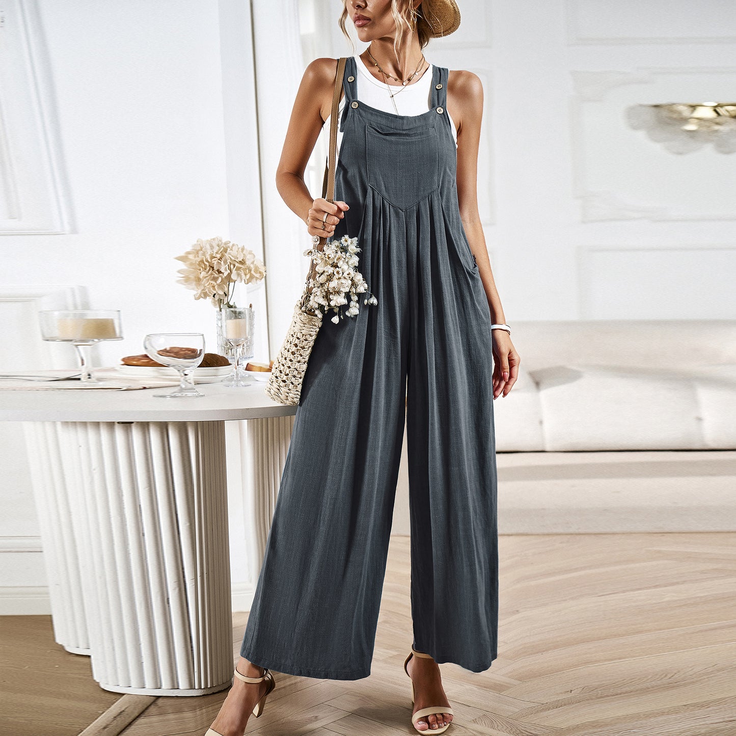 Women's Solid Color Suspender Summer Loose Wide Jumpsuits