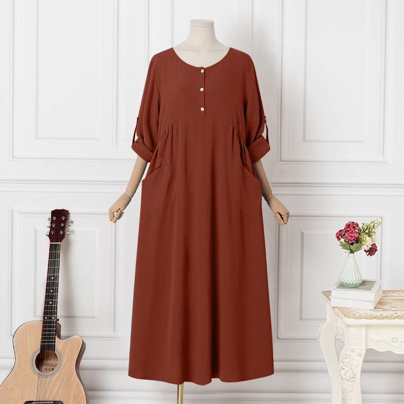 Women's Casual Loose Turned Cuff Long Sleeve Round Neck Dresses