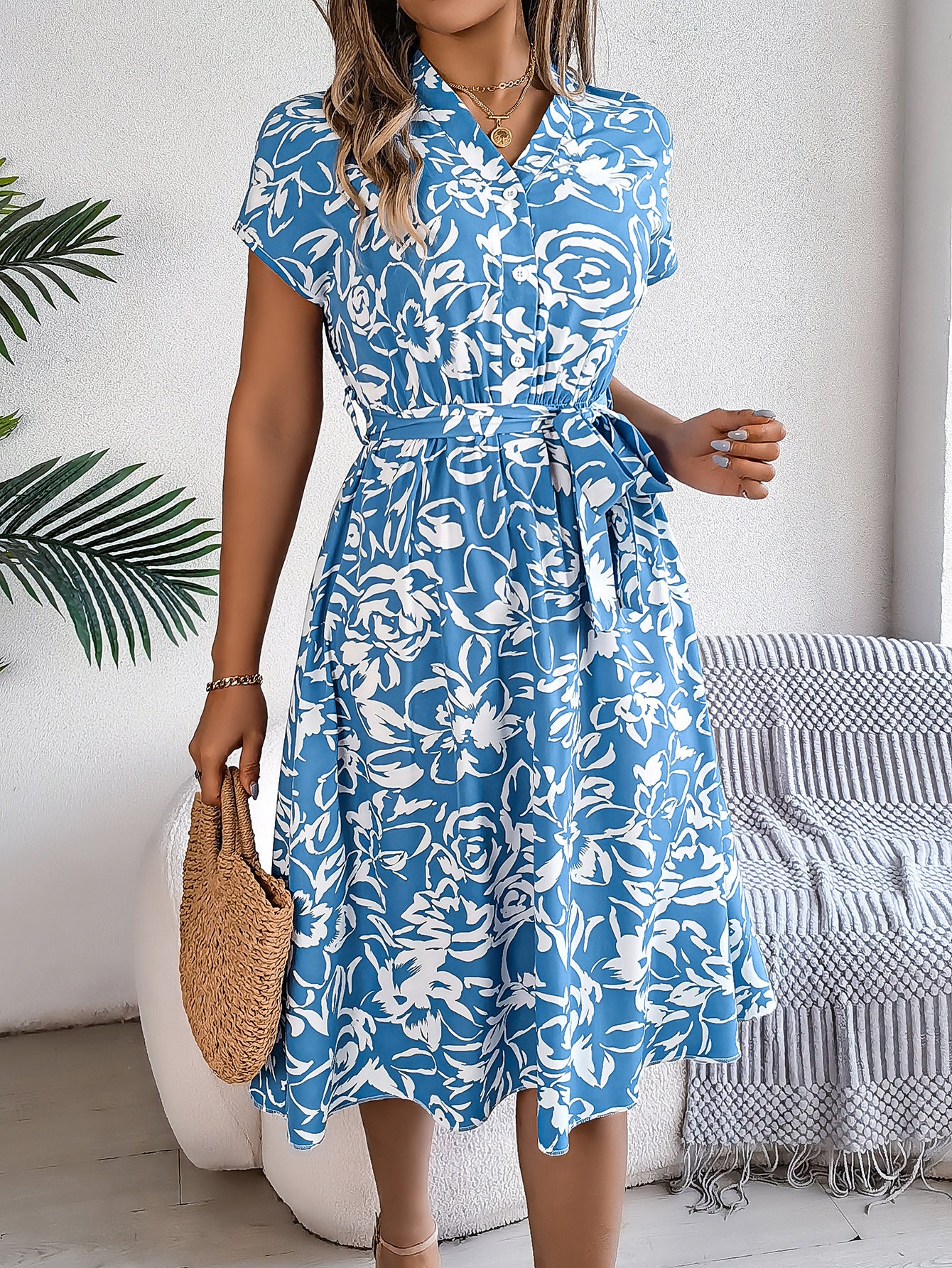 Women's Casual Button Batwing Sleeve Flower Swing Dress