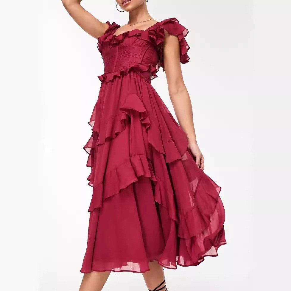 Holiday Lace Backless Cake Ruffled Pleated Dress