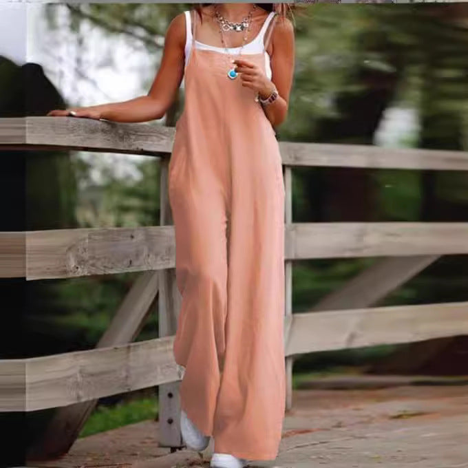 Women's Fashion Casual Pocket Cotton Linen Sling Jumpsuits