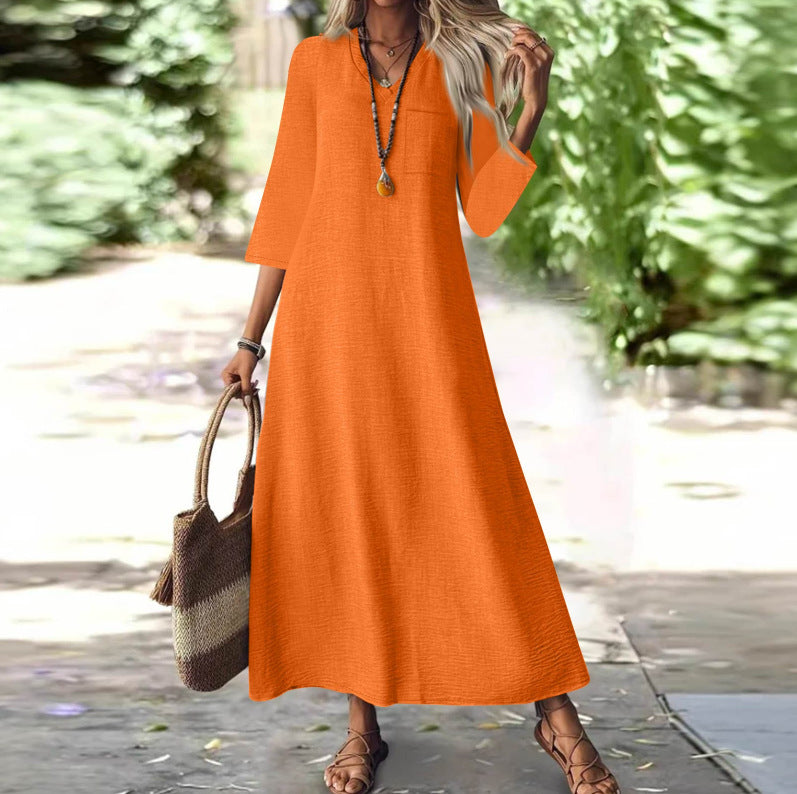 Zipper Sleeve Cotton Linen Solid Color Dress