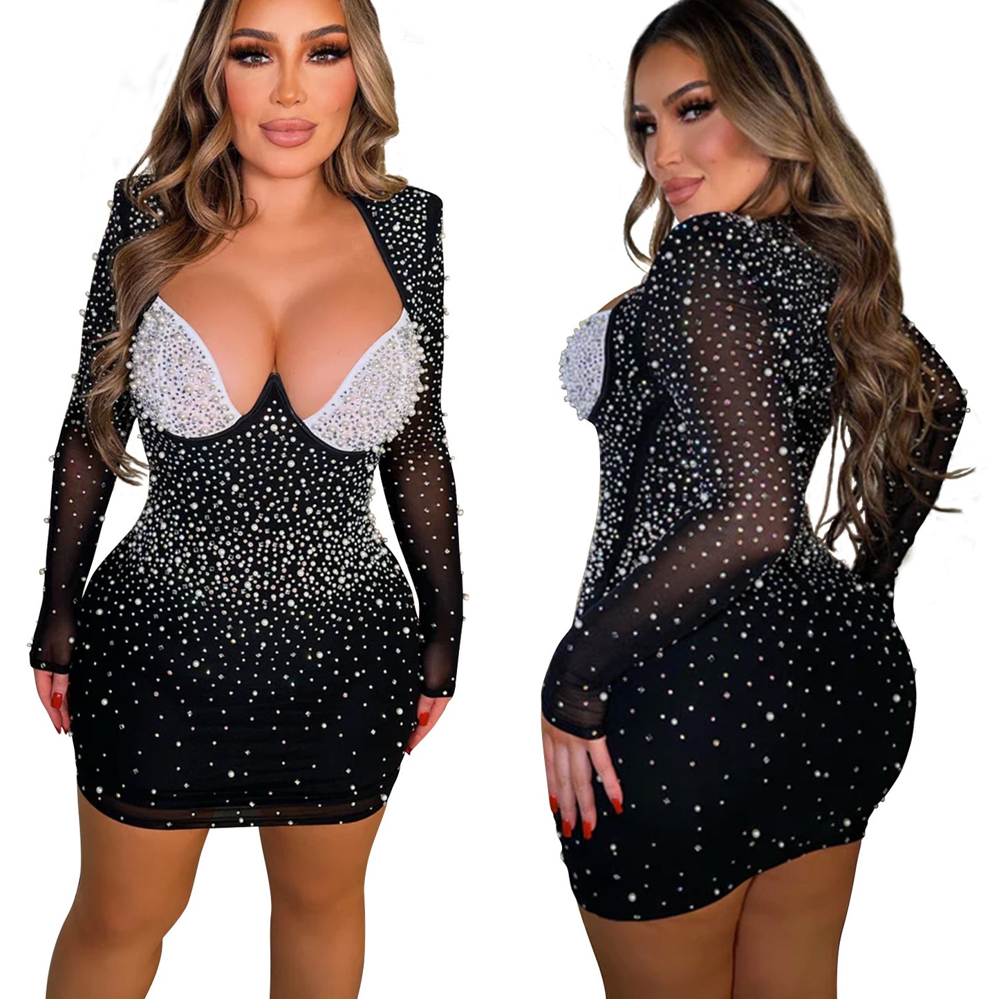 Women's Fashion Wear Pure Color Mesh Rhinestone Long Dresses