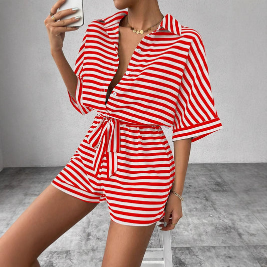 Women's Striped Lapel Button Half Sleeve Belt Jumpsuits