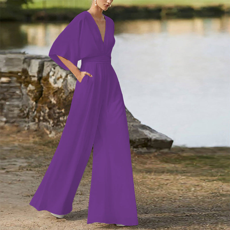 Women's Dress Deep V High Waist Wide Pants