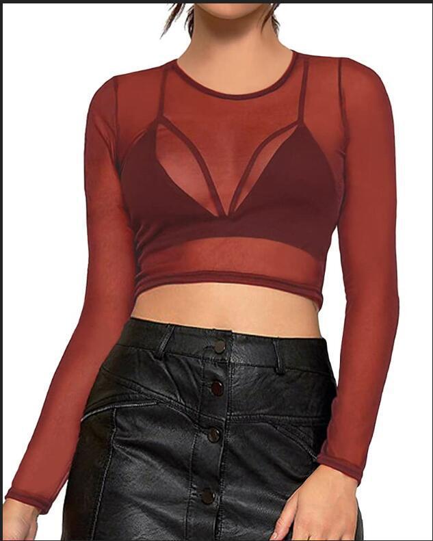 Women's Tight Sexy Mesh Bottoming Shirt Transparent Long Sleeve Blouses