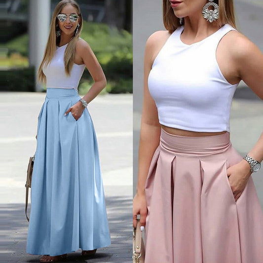 Pretty Solid High Waist Pleated Long Skirts