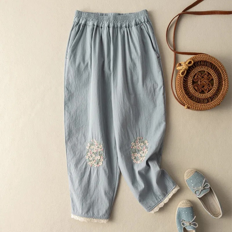 Women's Vintage Art Embroidery Cotton Linen Harem Summer Thin Pants