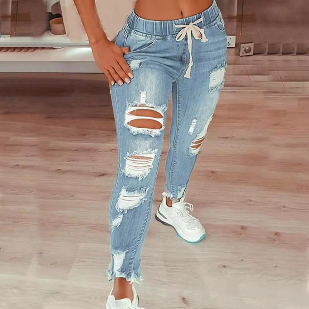Women's Elastic Waist High Ripped Trousers Jeans