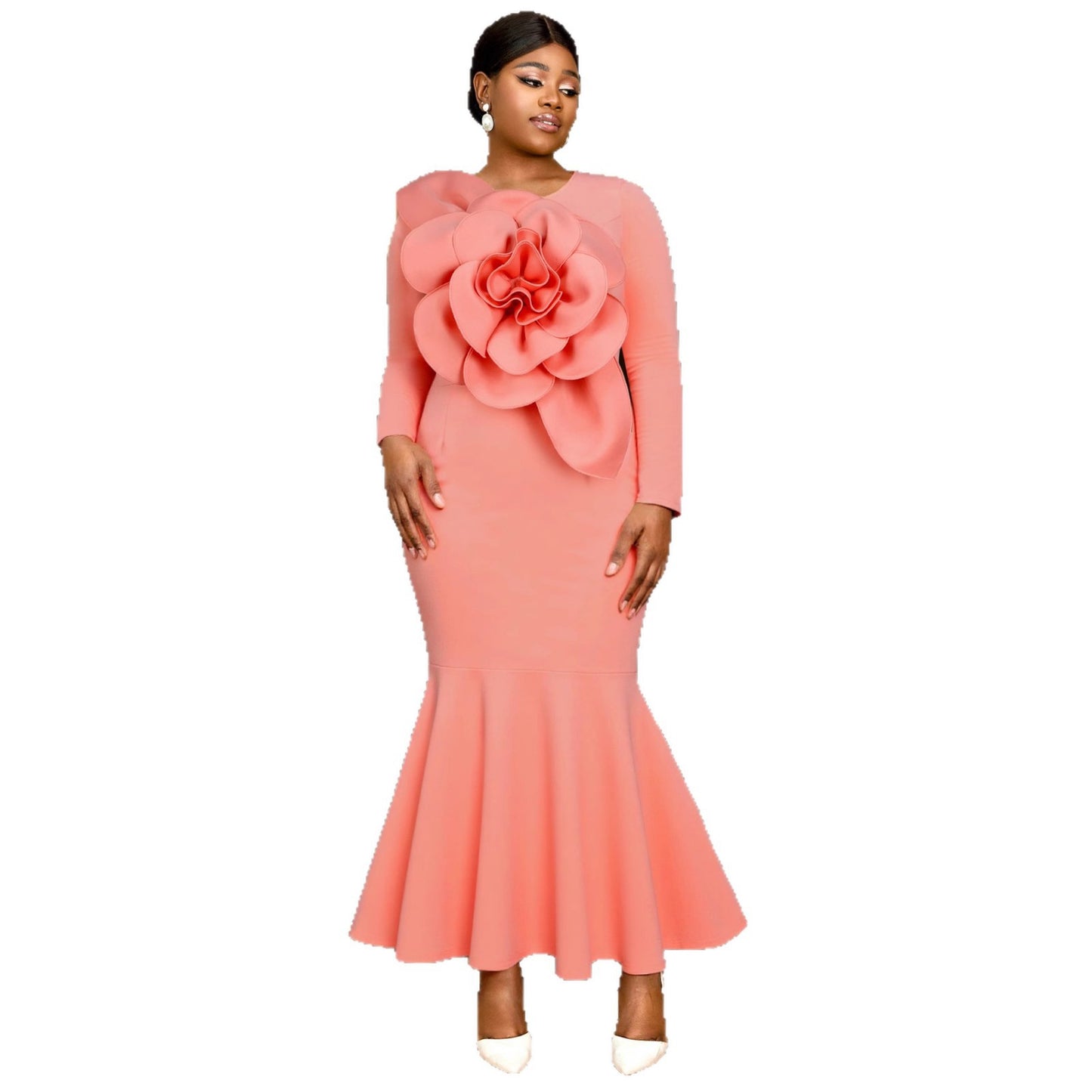 Women's Pink Three-dimensional Flower Long-sleeved Fishtail Dress Elegant Dresses