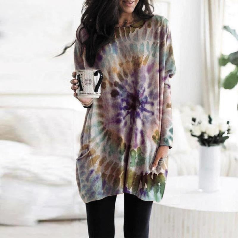Women's Printed Spiral Batwing Sleeve Sweatshirt Dress