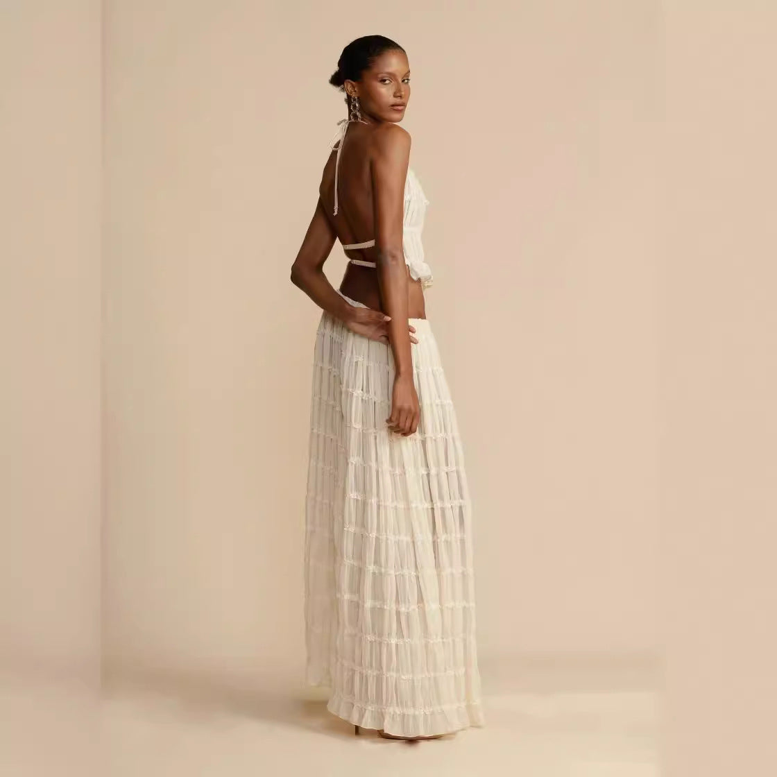 Summer Backless Halter Strap Drawstring Chiffon Dresses
