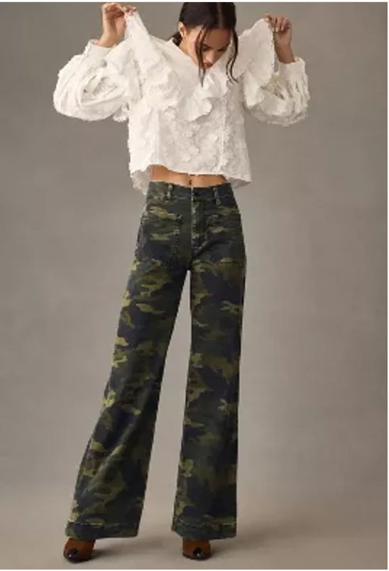 Women's Loose Leisure Washed-out Button Slightly Flared Jeans