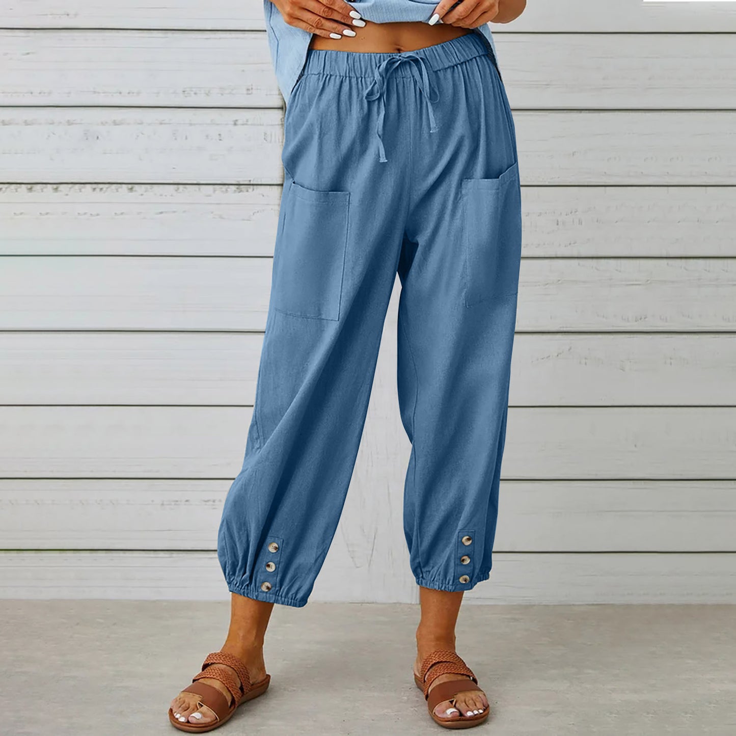 Women's High Waist Button Cotton Linen Trousers Pants