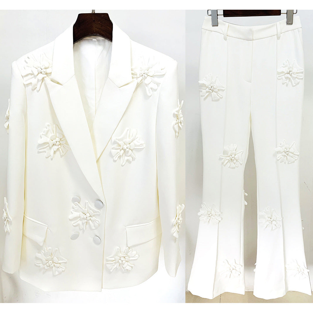 Casual Double-breasted Three-dimensional Flower Decorative Trousers Suits