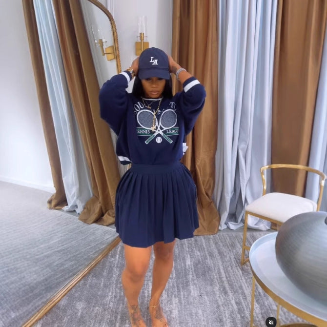 Women's Autumn Baseball Pullover Pleated Two-piece Set Suits