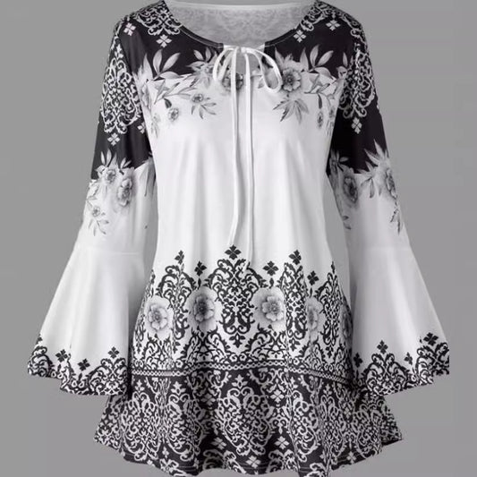 Women's Popular Print Long Horn Sleeve T-shirt Blouses