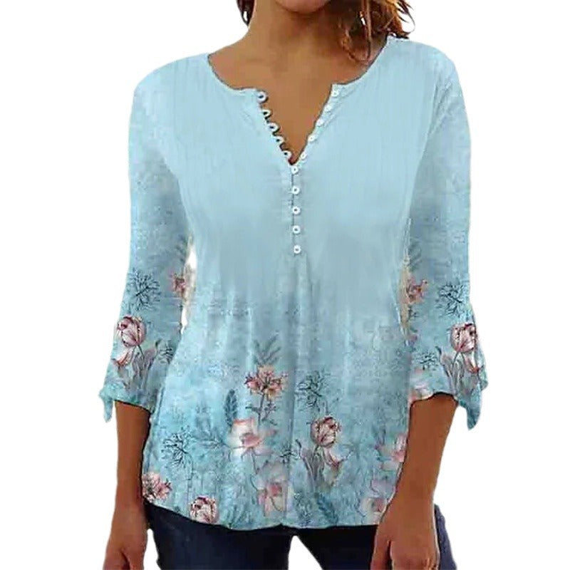 Women's Digital Printing Button T-shirt Flared Sleeves Clothing