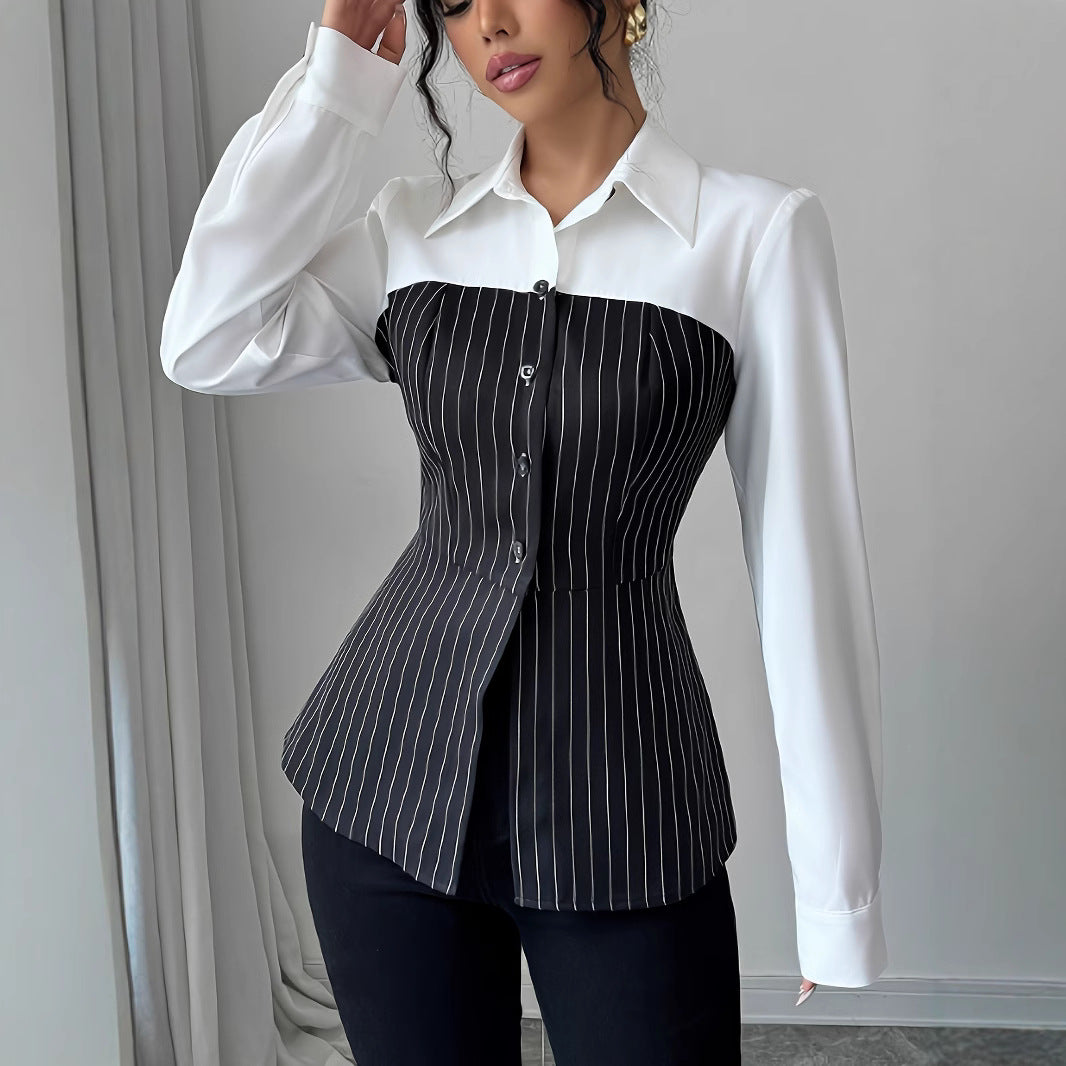 Popular Shirt Collar Single-breasted Patchwork Stripes Blouses