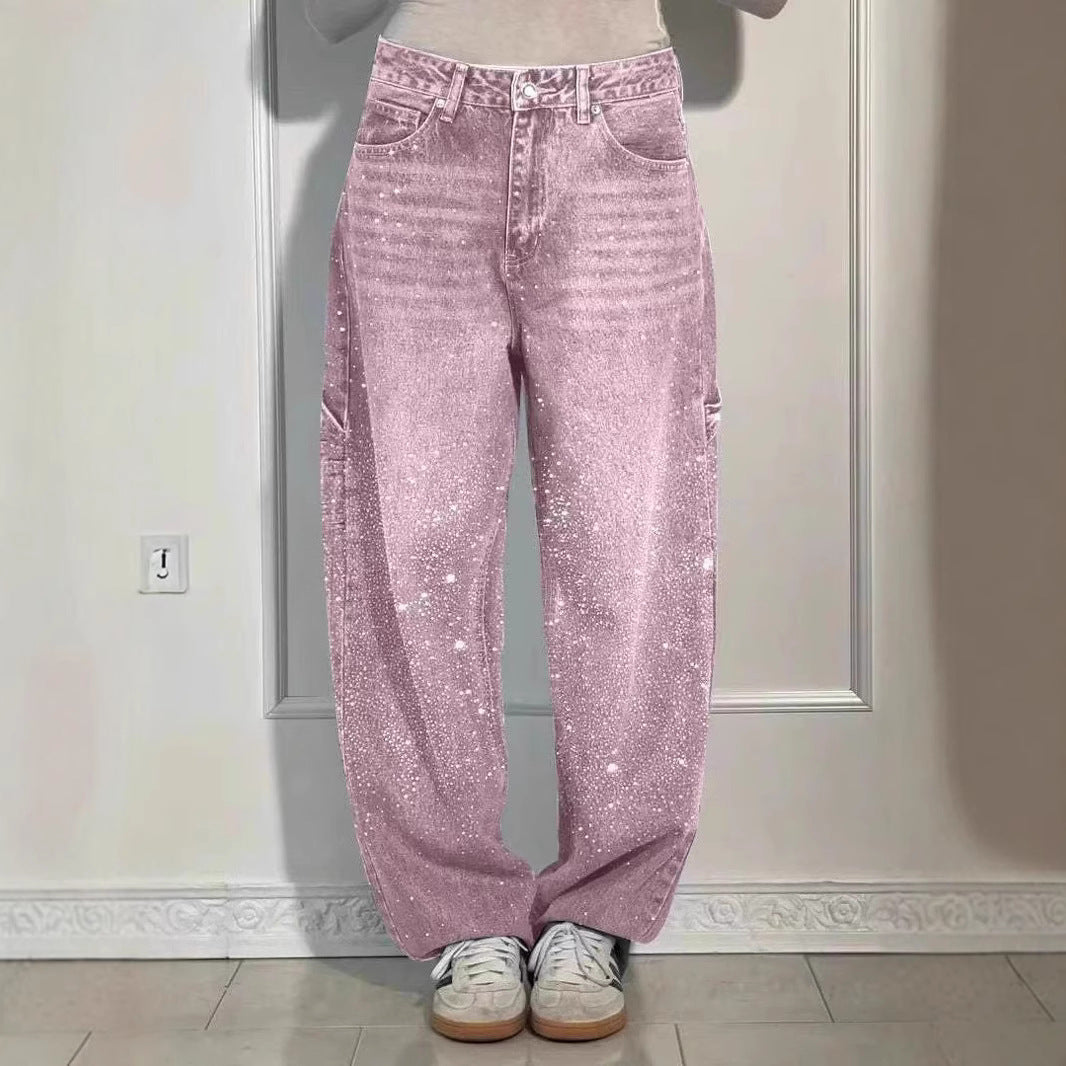 Women's American Street Style Rhinestone Straight Jeans