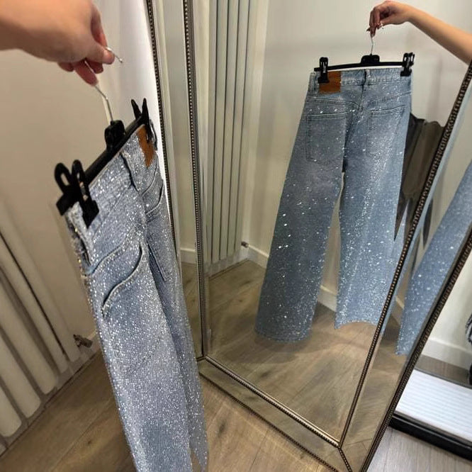 Women's Rhinestone High Waist Wash Spring Loose Jeans