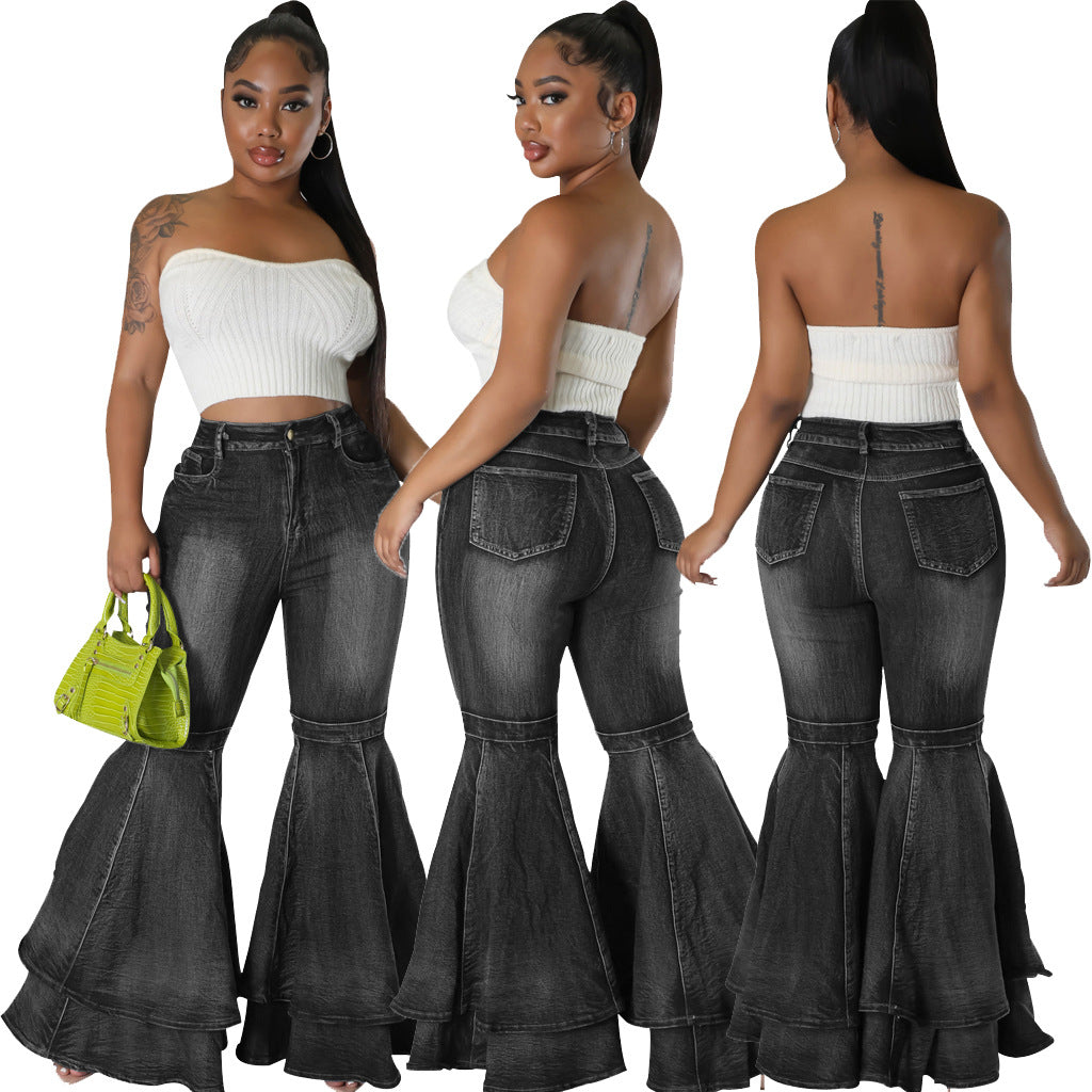 Casual Fashionable Washed Denim Stretch Flared Jeans
