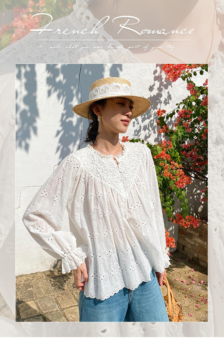Women's Spring French Embroidery Shirt Long Sleeve Loose-fitting Blouses