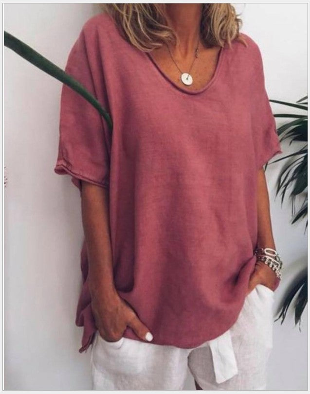 Solid Color Loose Sleeve Casual Cotton Blouses
